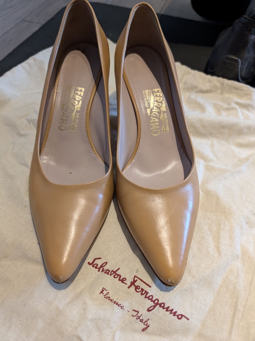 Salvatore Ferragamo Nude/Tan Pointed-Toe Leather Pumps